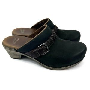 DANSKO Black Genuine Suede Leather Clogs Size 40 US 10 Brown Braided Strap